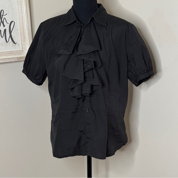Ralph Lauren Tops - Ralph Lauren Black Ruffle Front Button Down Blouse Top Size 14
